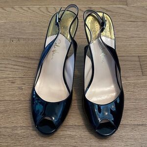 Cole Haan Black Patent Peep-Toe Slingback Heels